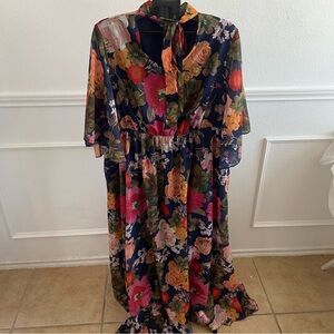 Elegant Floral Maxi Dress with Tie Neck